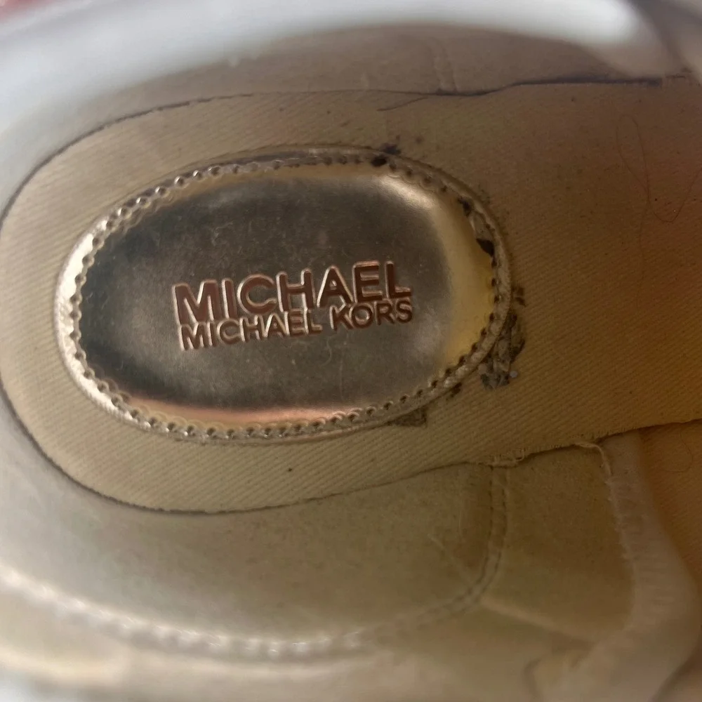 Michael Kors Georgie Trainer Wedge Sneakers Womens 9M White Gold Brown MK Logo